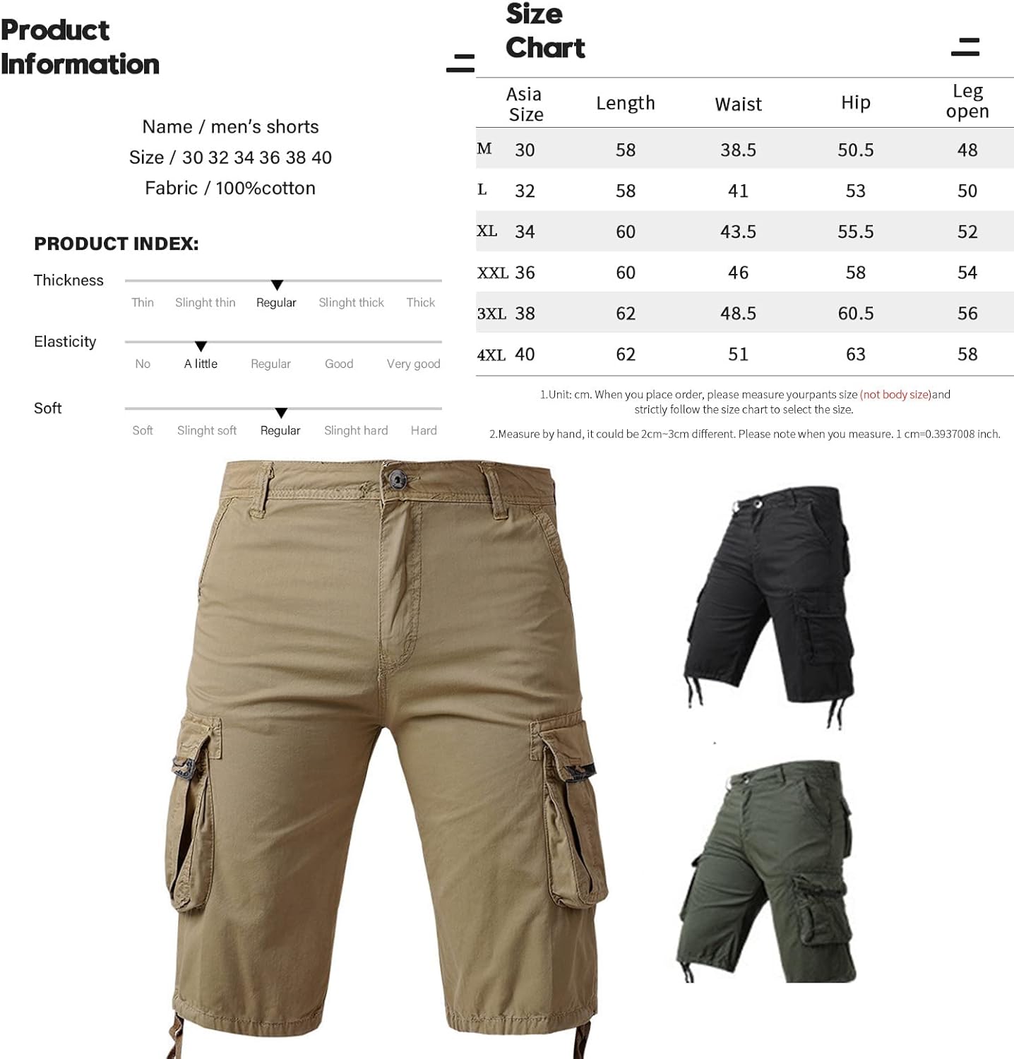 Tecnovo Mens Cargo Combat Shorts Drawstring Pockets Cotton Plain Summer Elasticated Waist Pants Casual Comfortable Workout Shorts