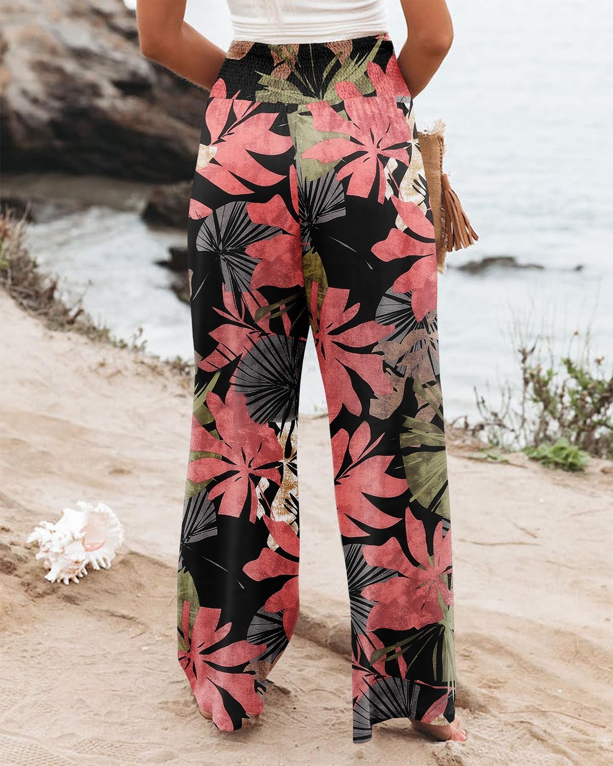 Angerella Womens Elastic High Waisted Palazzo Pants Casual Wide Leg Long Lounge Pant Trousers with Pocket