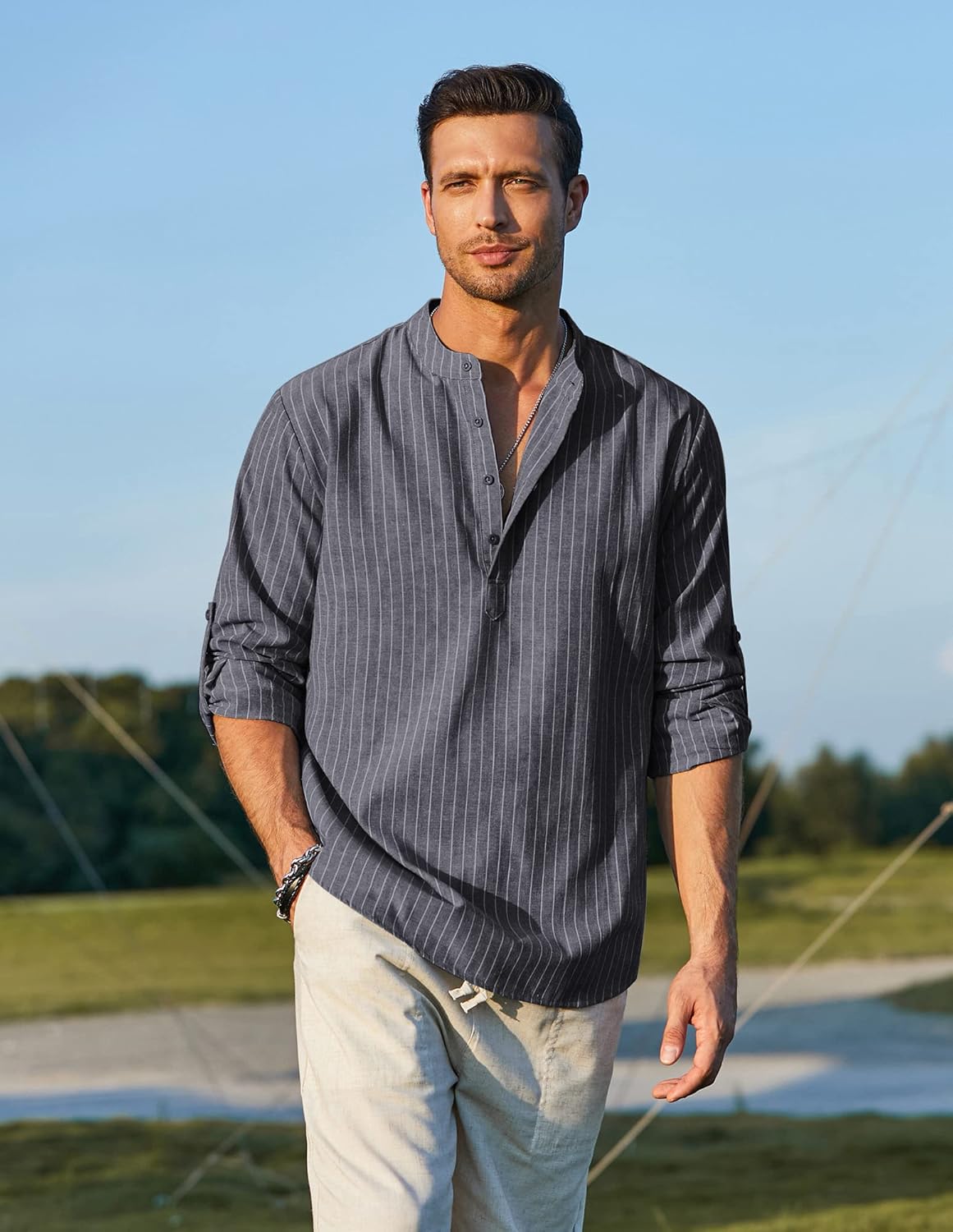 COOFANDY Men's Cotton Linen Henley T-Shirts Long Sleeve Hippie Casual Beach T-Shirts