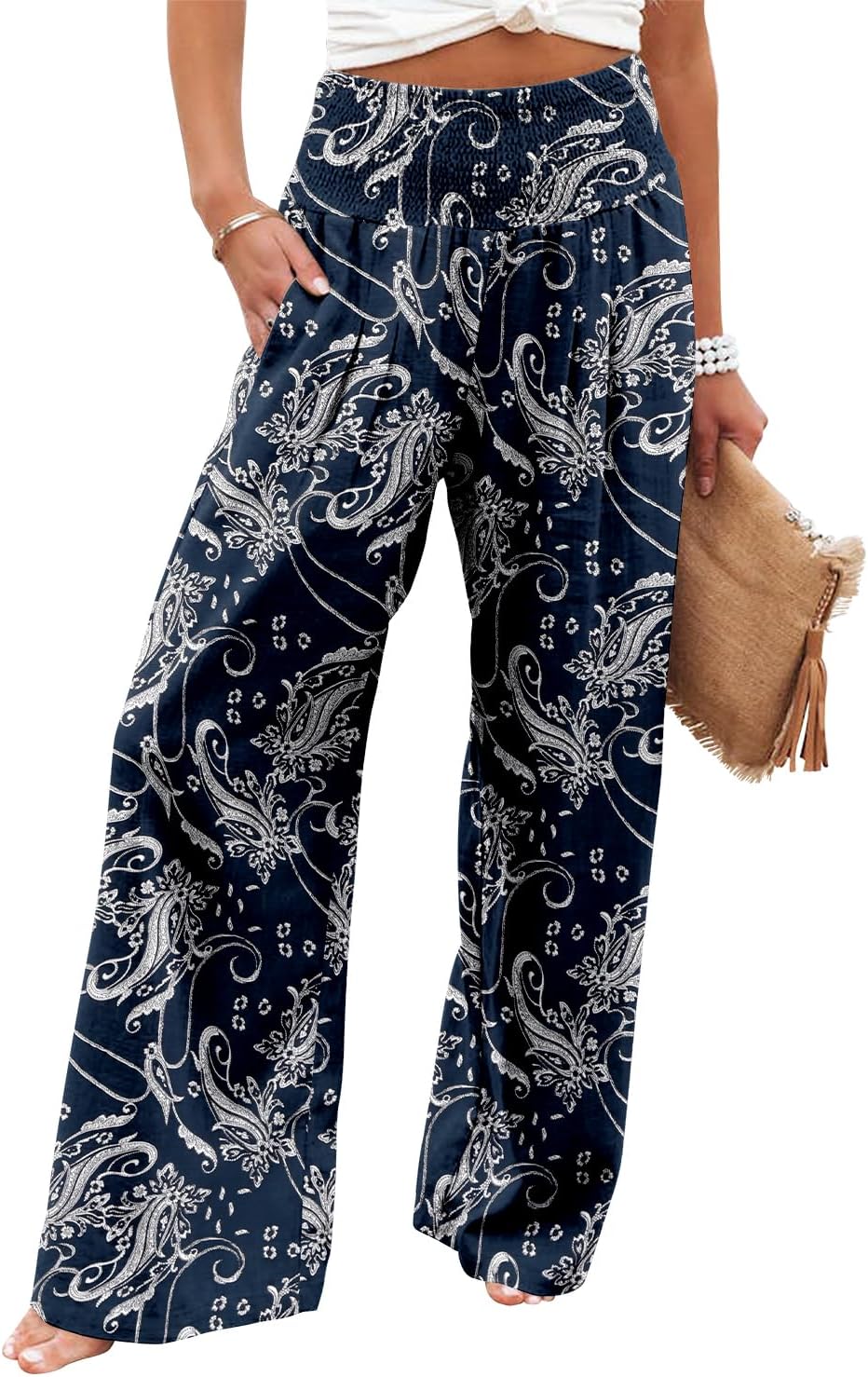 Angerella Womens Elastic High Waisted Palazzo Pants Casual Wide Leg Long Lounge Pant Trousers with Pocket