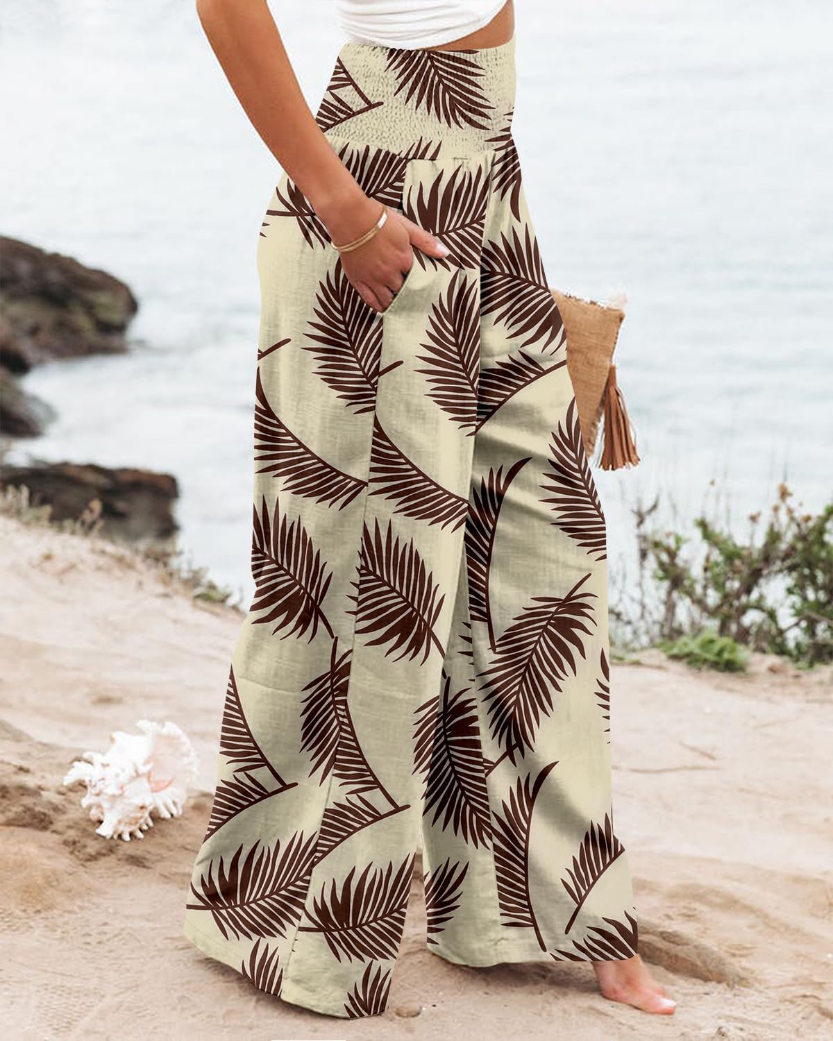 Angerella Womens Elastic High Waisted Palazzo Pants Casual Wide Leg Long Lounge Pant Trousers with Pocket