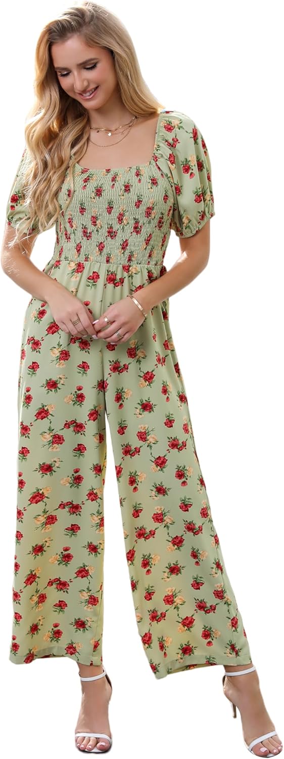 Love Welove Fashion Summer Jumpsuits for Women 2025 Floral Dressy Casual Loose Wide Leg Short Sleeve One Piece Romper Outfits