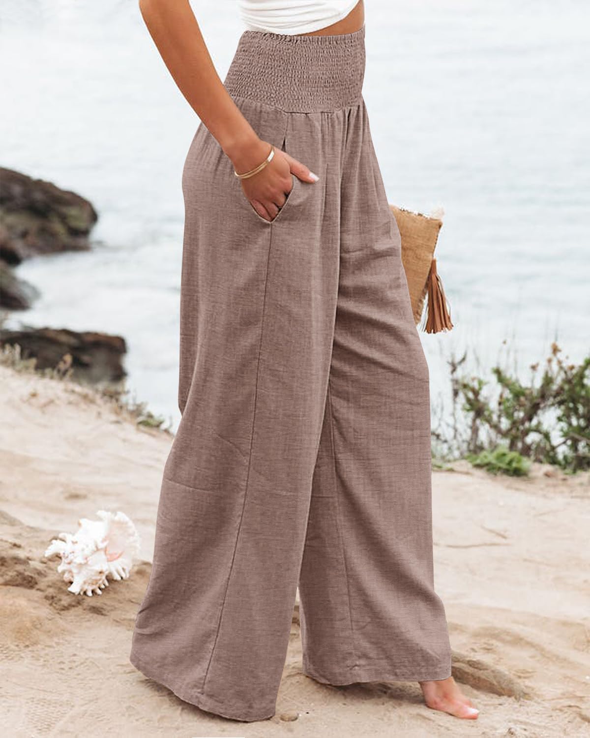 Angerella Womens Elastic High Waisted Palazzo Pants Casual Wide Leg Long Lounge Pant Trousers with Pocket