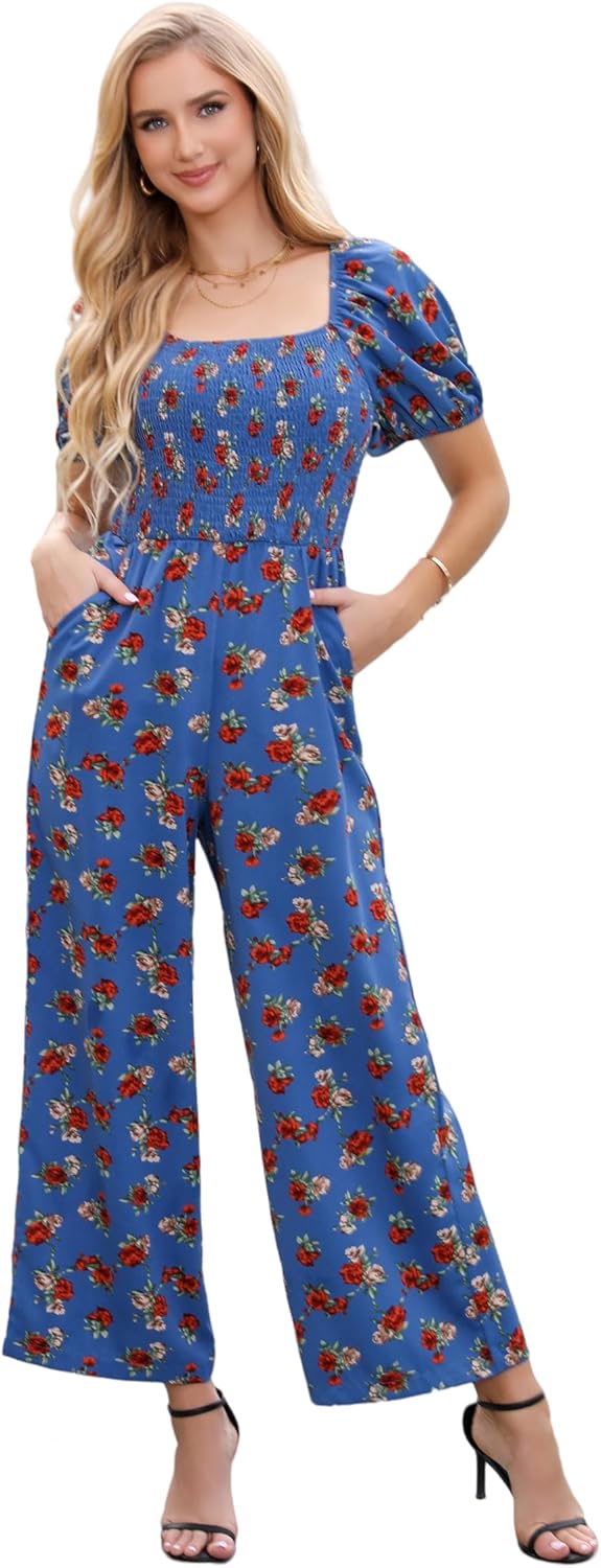 Love Welove Fashion Summer Jumpsuits for Women 2025 Floral Dressy Casual Loose Wide Leg Short Sleeve One Piece Romper Outfits