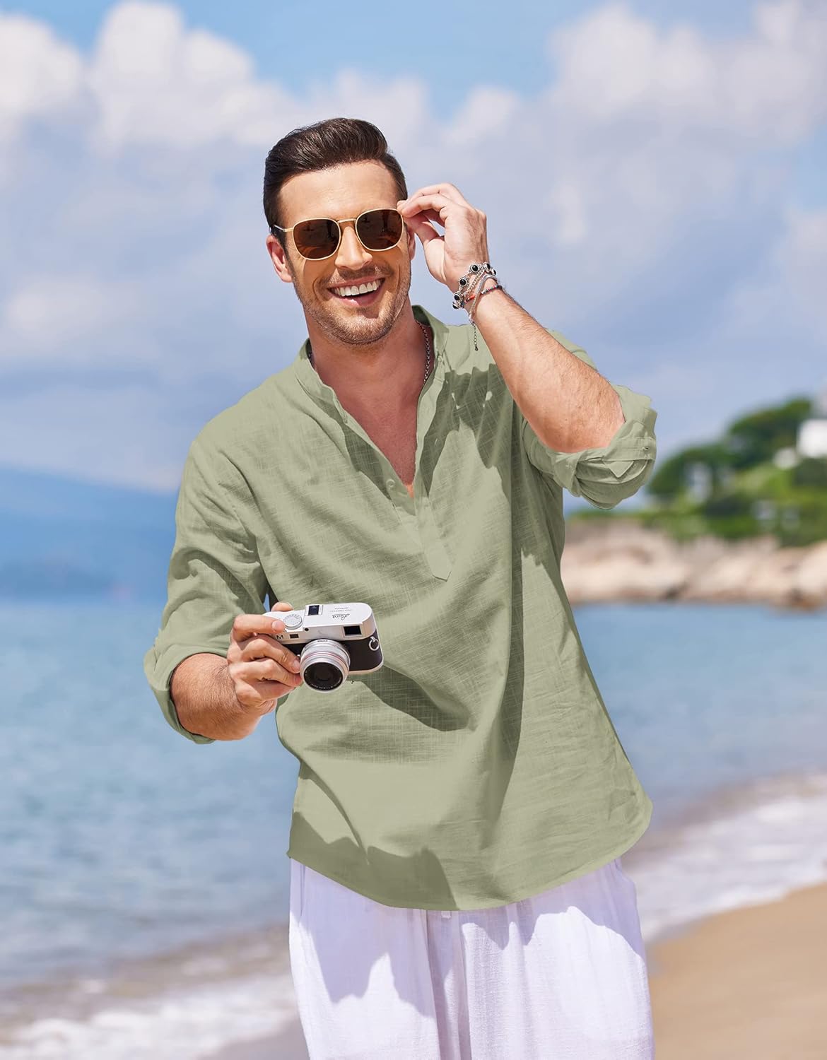 COOFANDY Men's Cotton Linen Henley T-Shirts Long Sleeve Hippie Casual Beach T-Shirts