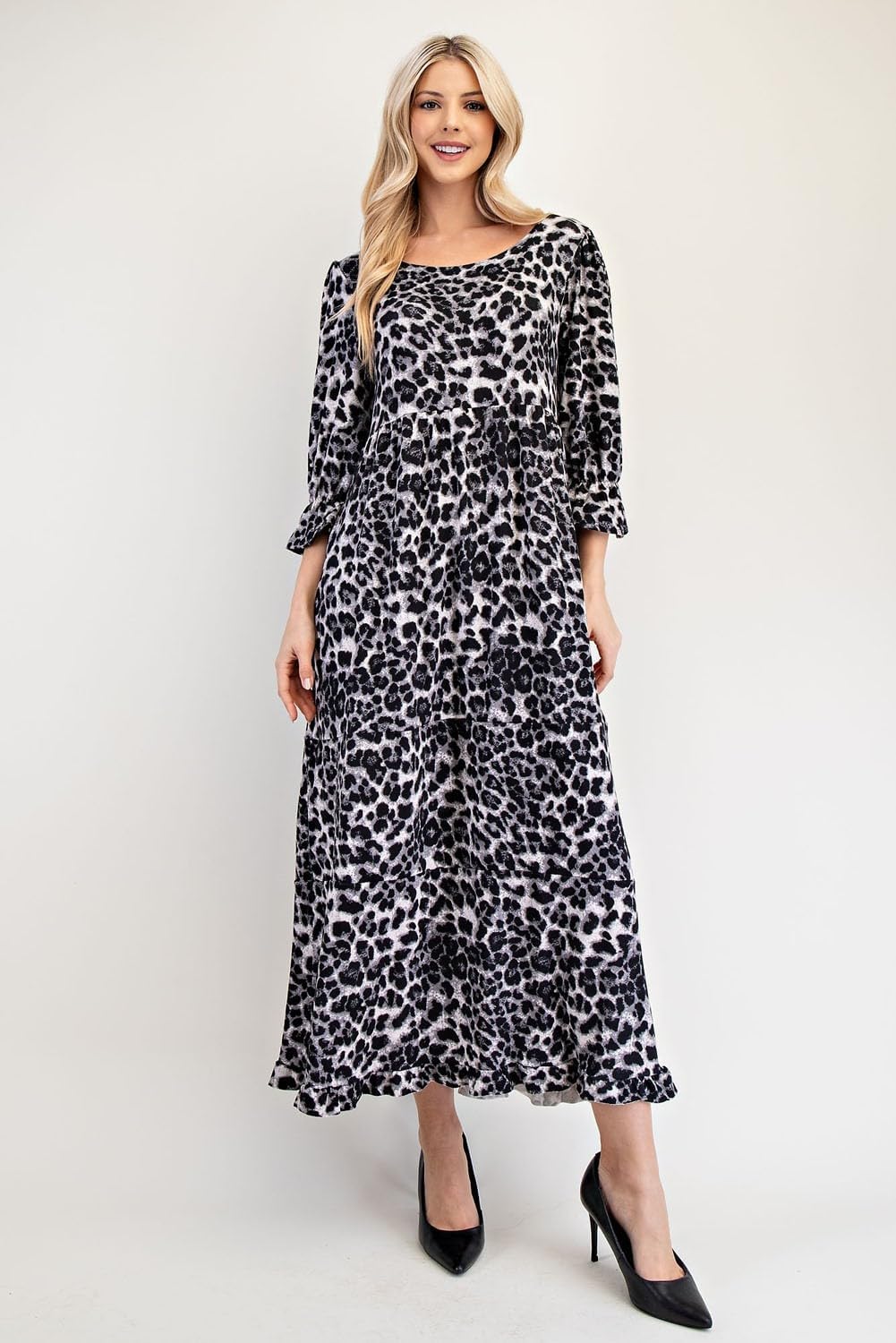 Leopard Round Neck Flounce Sleeve Dress, Grey Leopard