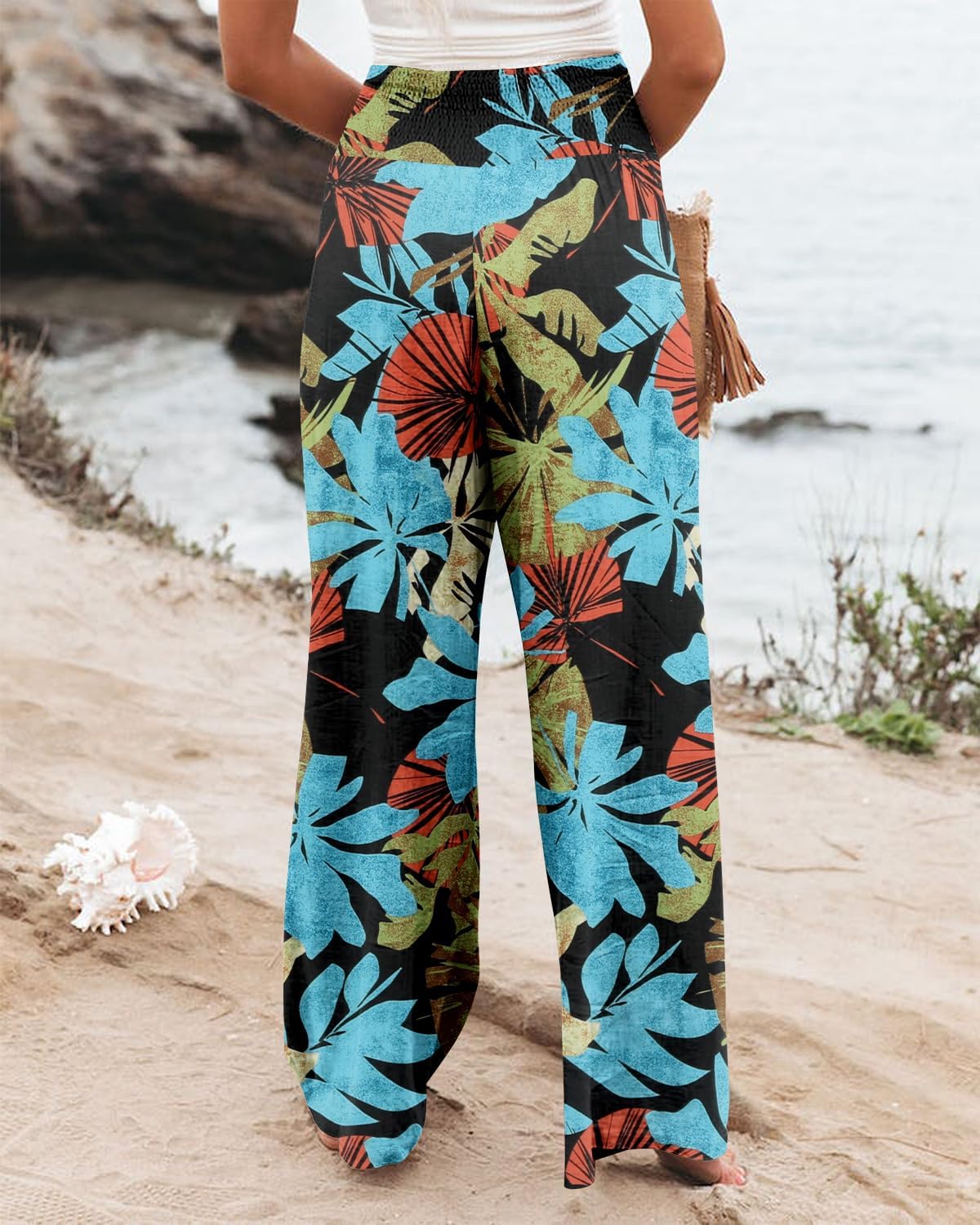 Angerella Womens Elastic High Waisted Palazzo Pants Casual Wide Leg Long Lounge Pant Trousers with Pocket