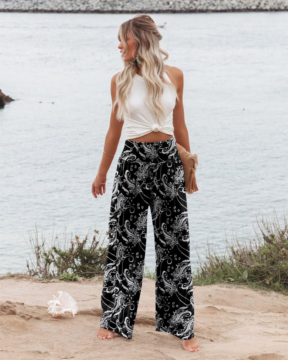 Angerella Womens Elastic High Waisted Palazzo Pants Casual Wide Leg Long Lounge Pant Trousers with Pocket