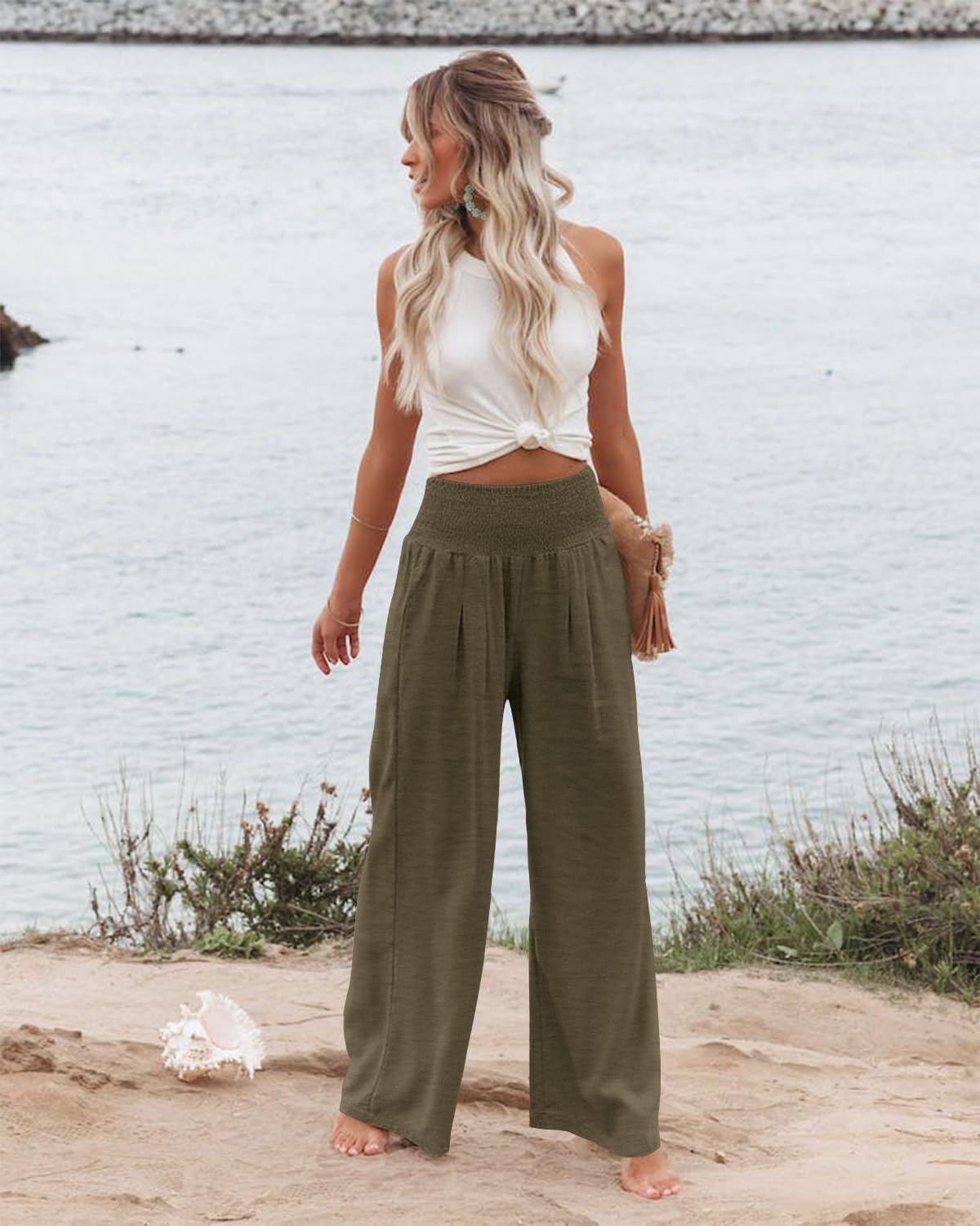 Angerella Womens Elastic High Waisted Palazzo Pants Casual Wide Leg Long Lounge Pant Trousers with Pocket