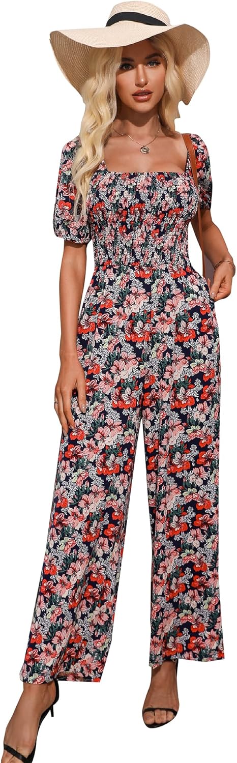 Love Welove Fashion Summer Jumpsuits for Women 2025 Floral Dressy Casual Loose Wide Leg Short Sleeve One Piece Romper Outfits
