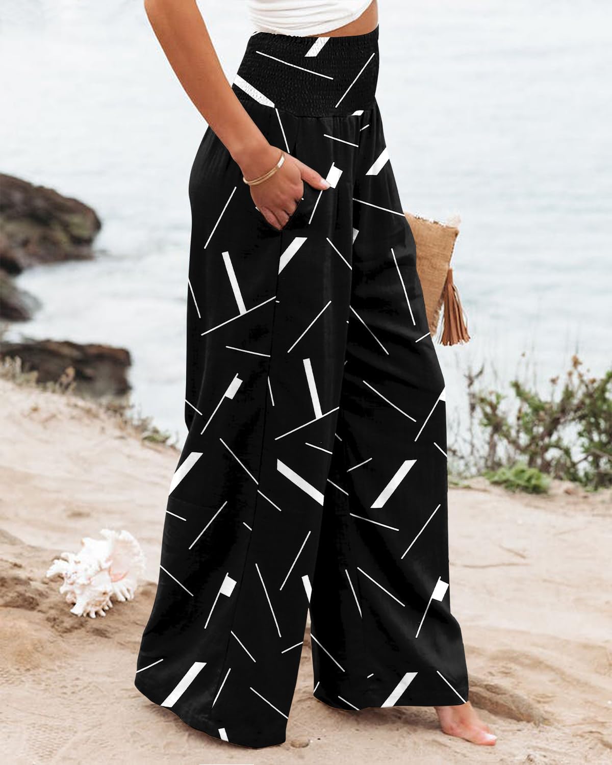 Angerella Womens Elastic High Waisted Palazzo Pants Casual Wide Leg Long Lounge Pant Trousers with Pocket