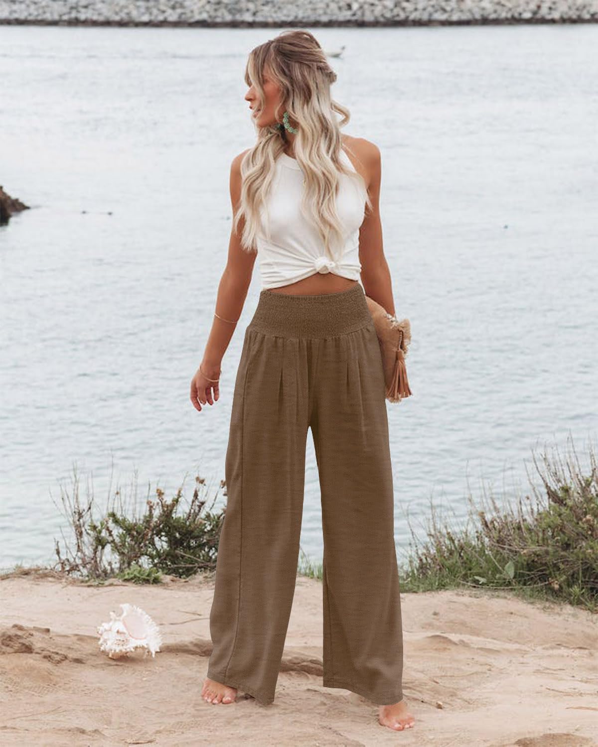 Angerella Womens Elastic High Waisted Palazzo Pants Casual Wide Leg Long Lounge Pant Trousers with Pocket