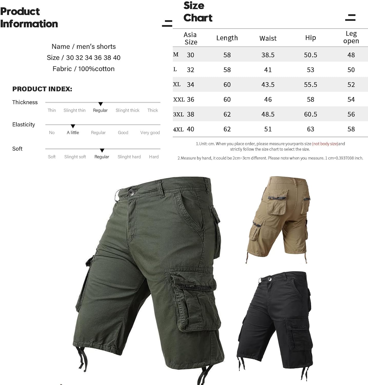 Tecnovo Mens Cargo Combat Shorts Drawstring Pockets Cotton Plain Summer Elasticated Waist Pants Casual Comfortable Workout Shorts