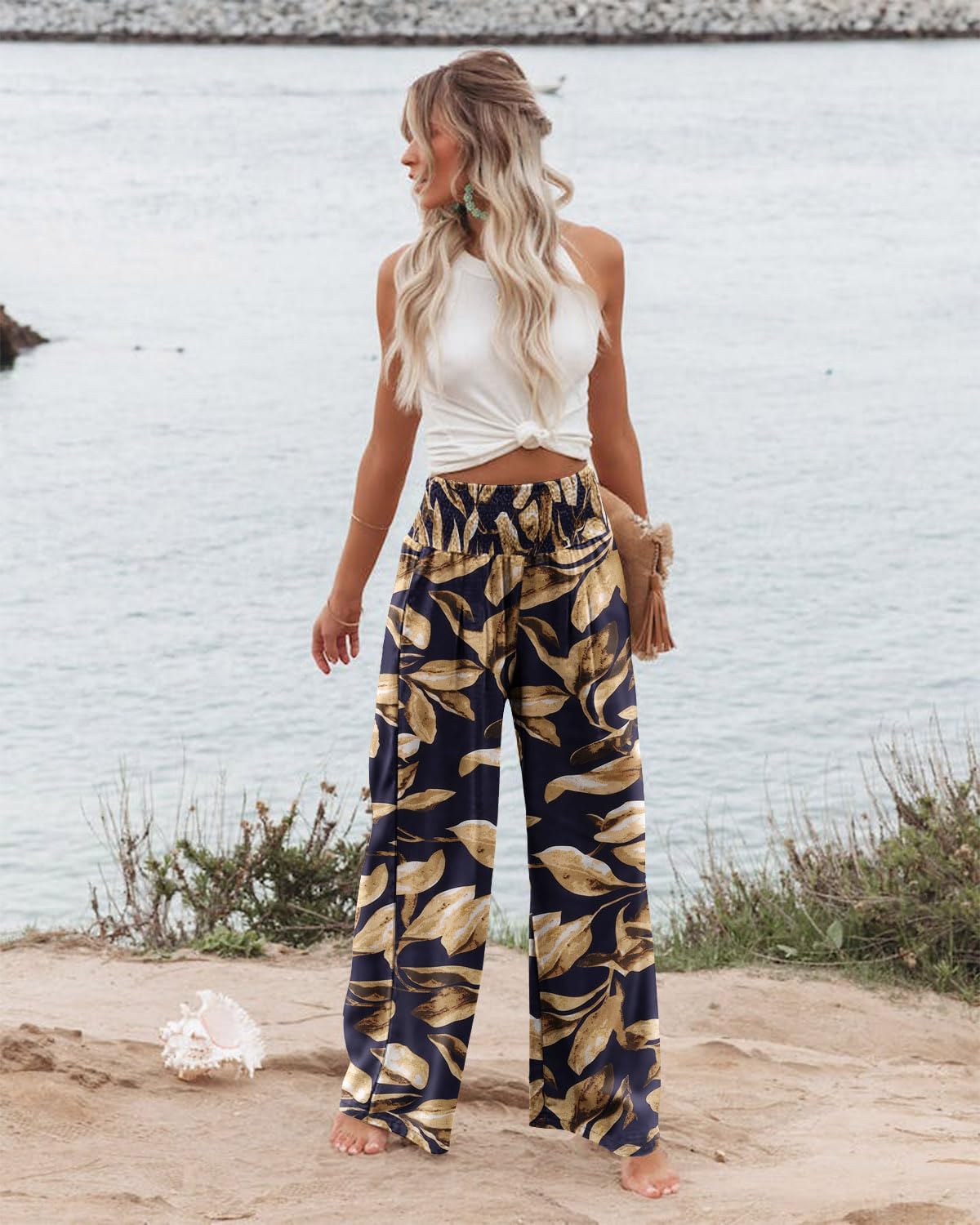 Angerella Womens Elastic High Waisted Palazzo Pants Casual Wide Leg Long Lounge Pant Trousers with Pocket