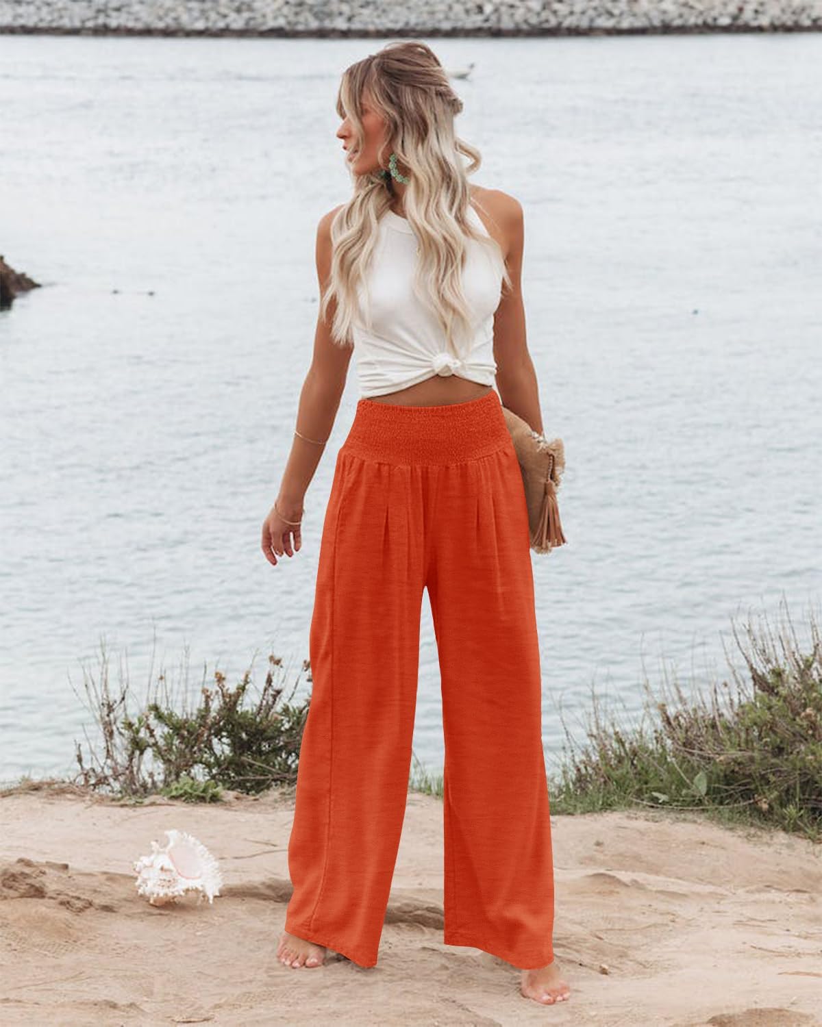 Angerella Womens Elastic High Waisted Palazzo Pants Casual Wide Leg Long Lounge Pant Trousers with Pocket