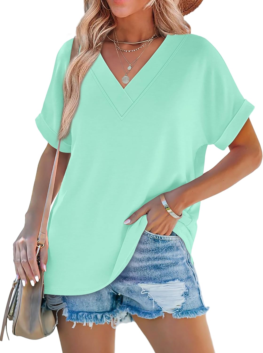 ✨Womens Summer V Neck Short Sleeve Solid Color Basic T Shirt(Buy 3 Free Shipping)