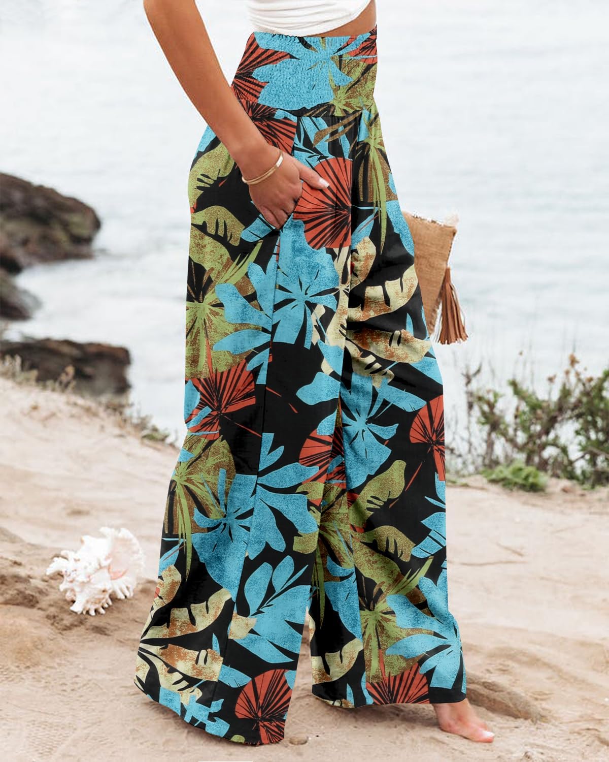 Angerella Womens Elastic High Waisted Palazzo Pants Casual Wide Leg Long Lounge Pant Trousers with Pocket