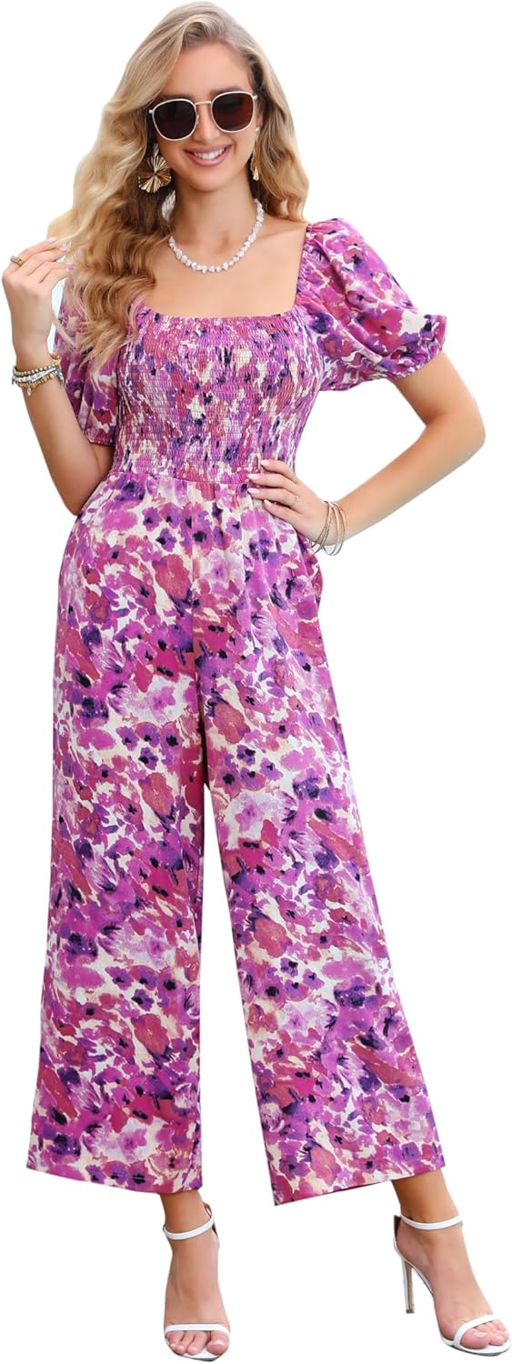 Love Welove Fashion Summer Jumpsuits for Women 2025 Floral Dressy Casual Loose Wide Leg Short Sleeve One Piece Romper Outfits