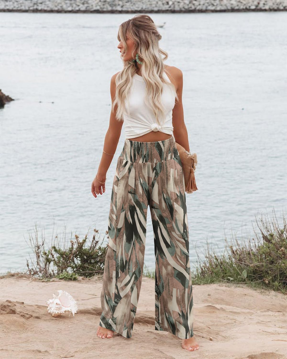 Angerella Womens Elastic High Waisted Palazzo Pants Casual Wide Leg Long Lounge Pant Trousers with Pocket