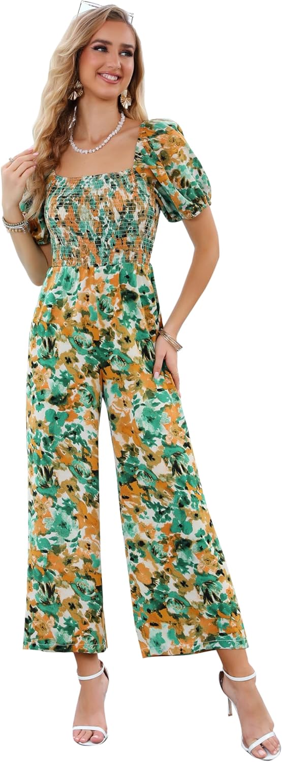 Love Welove Fashion Summer Jumpsuits for Women 2025 Floral Dressy Casual Loose Wide Leg Short Sleeve One Piece Romper Outfits