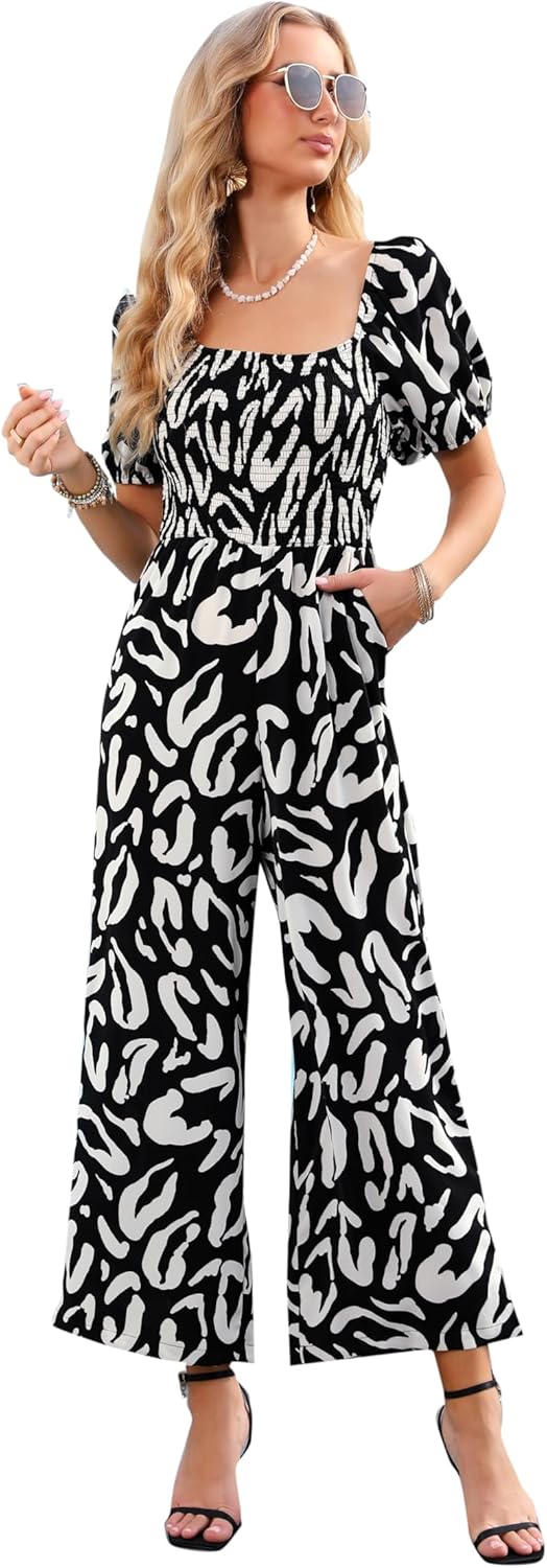 Love Welove Fashion Summer Jumpsuits for Women 2025 Floral Dressy Casual Loose Wide Leg Short Sleeve One Piece Romper Outfits