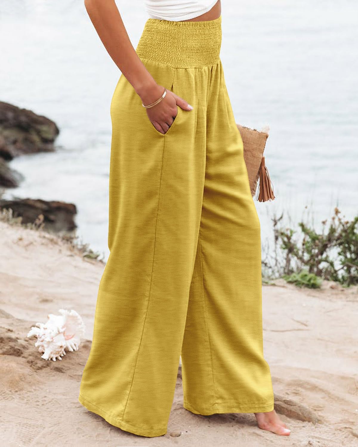 Angerella Womens Elastic High Waisted Palazzo Pants Casual Wide Leg Long Lounge Pant Trousers with Pocket