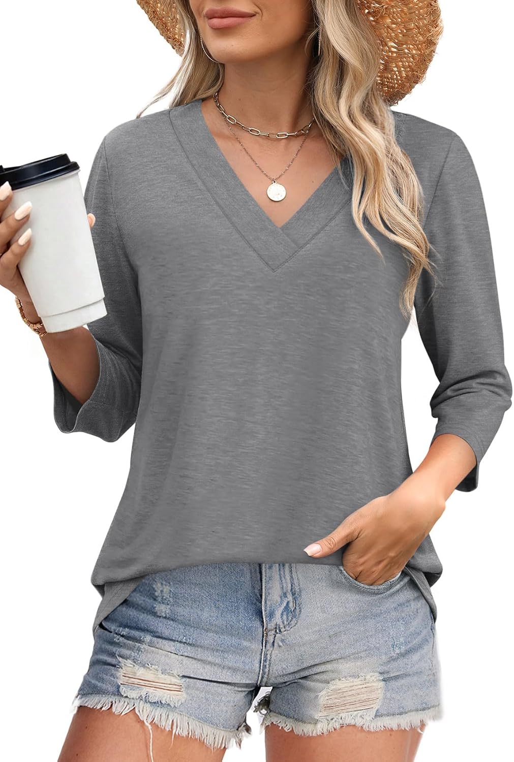 ✨Women's Trendy V Neck 3/4 Long Sleeve Tops Loose Fit Blouse (Buy 2 Free Shipping)