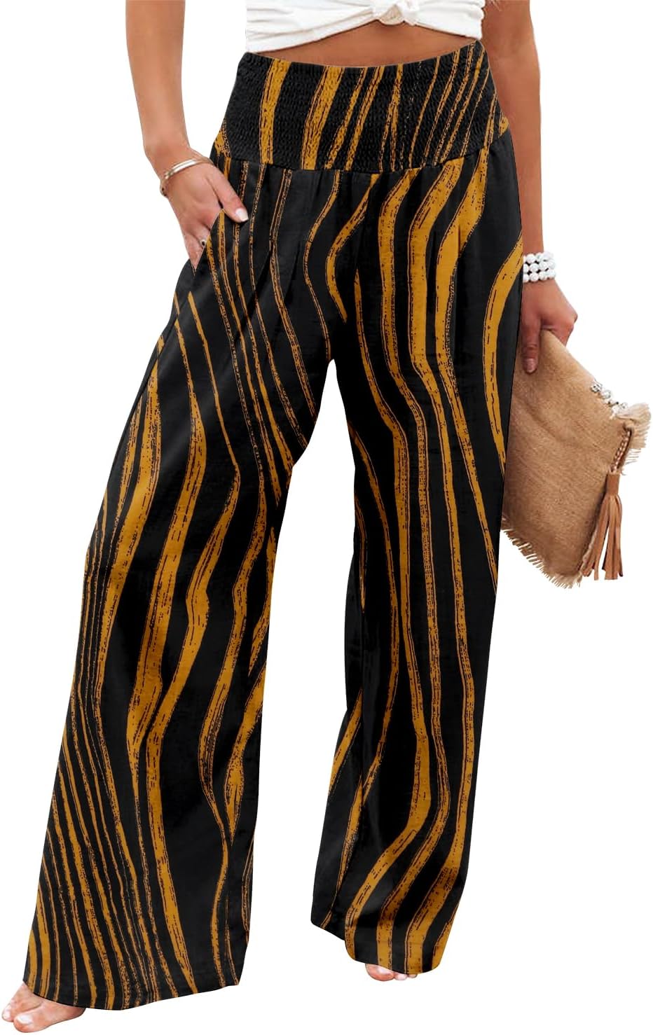 Angerella Womens Elastic High Waisted Palazzo Pants Casual Wide Leg Long Lounge Pant Trousers with Pocket