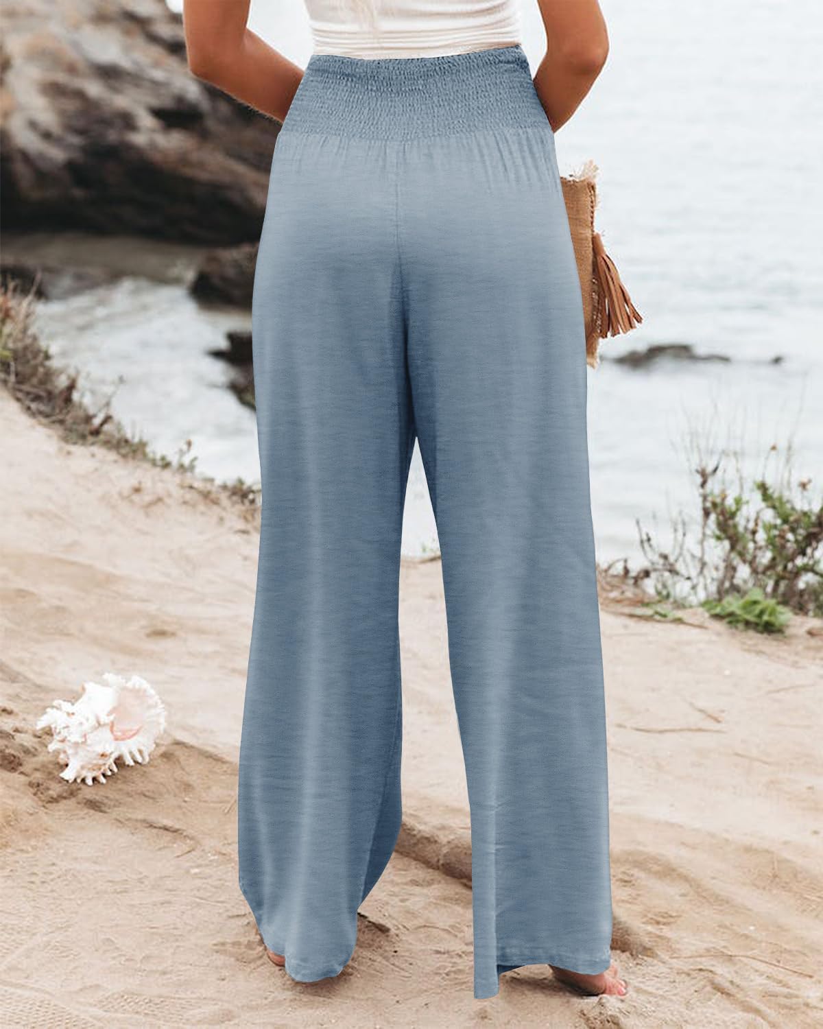 Angerella Womens Elastic High Waisted Palazzo Pants Casual Wide Leg Long Lounge Pant Trousers with Pocket