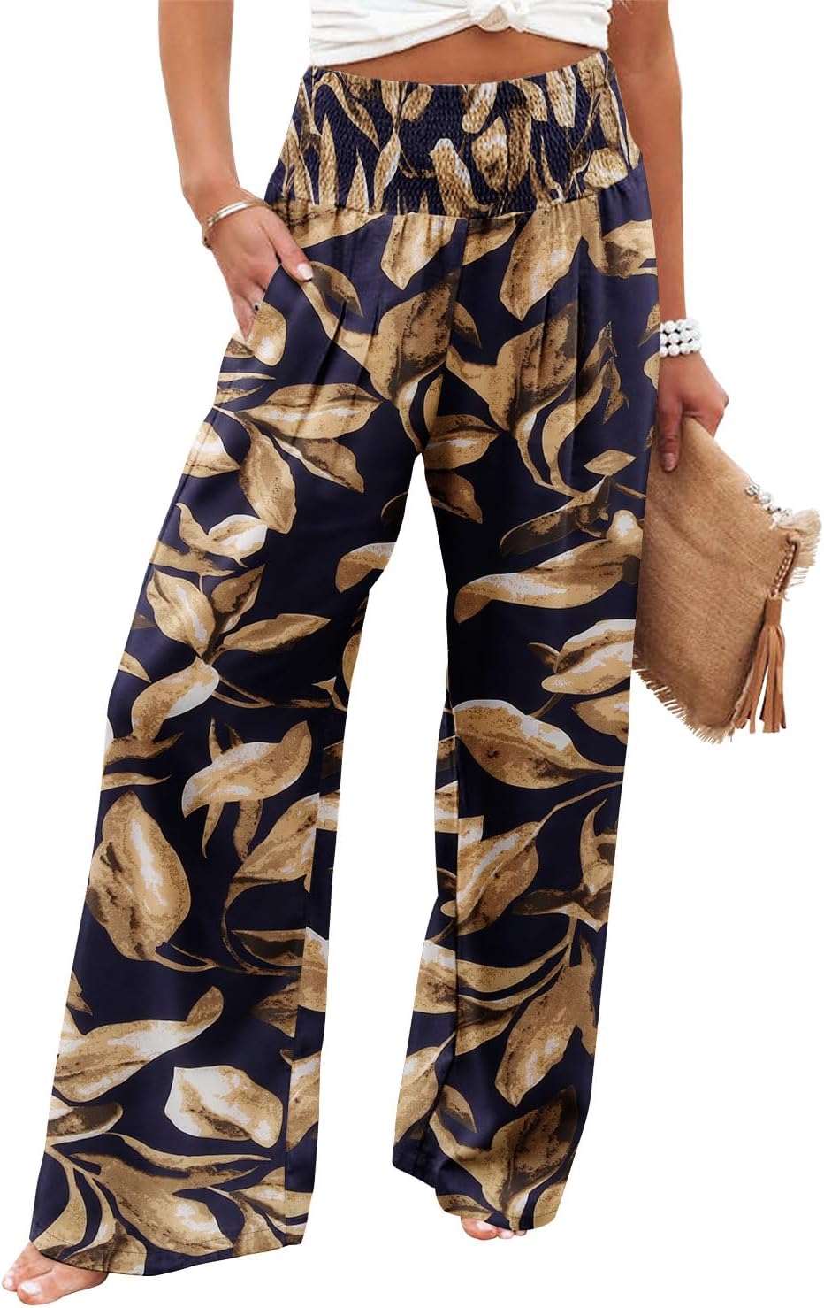 Angerella Womens Elastic High Waisted Palazzo Pants Casual Wide Leg Long Lounge Pant Trousers with Pocket