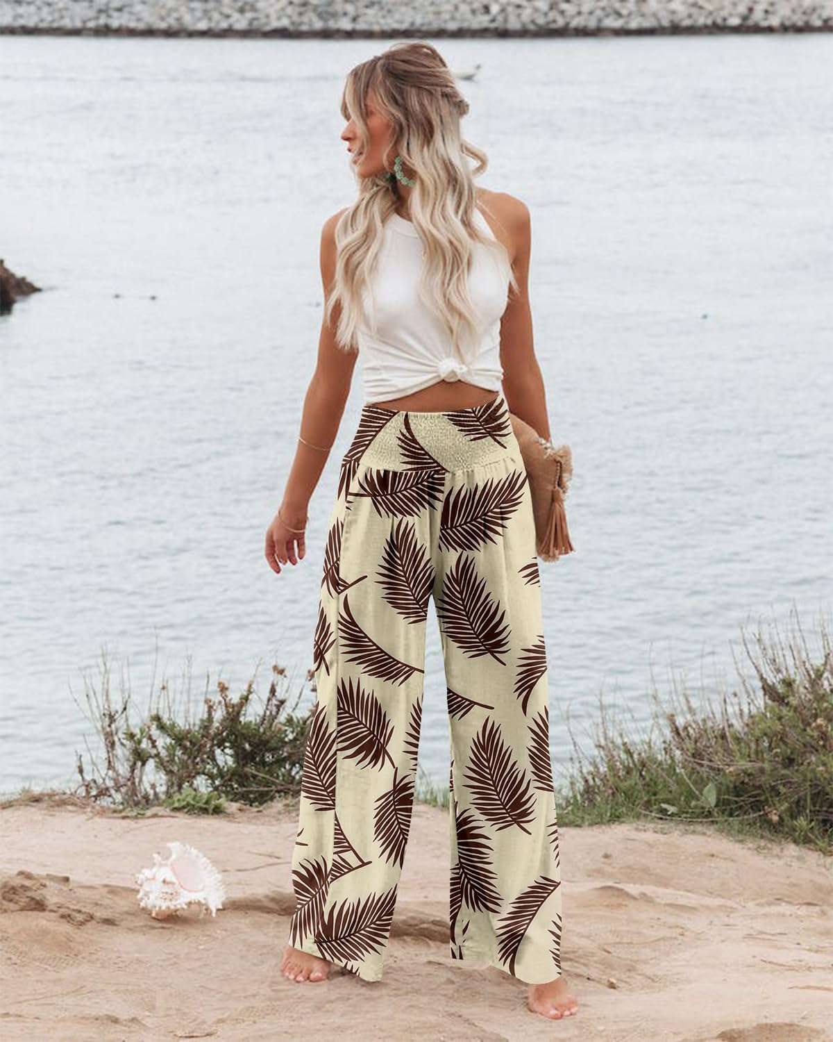 Angerella Womens Elastic High Waisted Palazzo Pants Casual Wide Leg Long Lounge Pant Trousers with Pocket