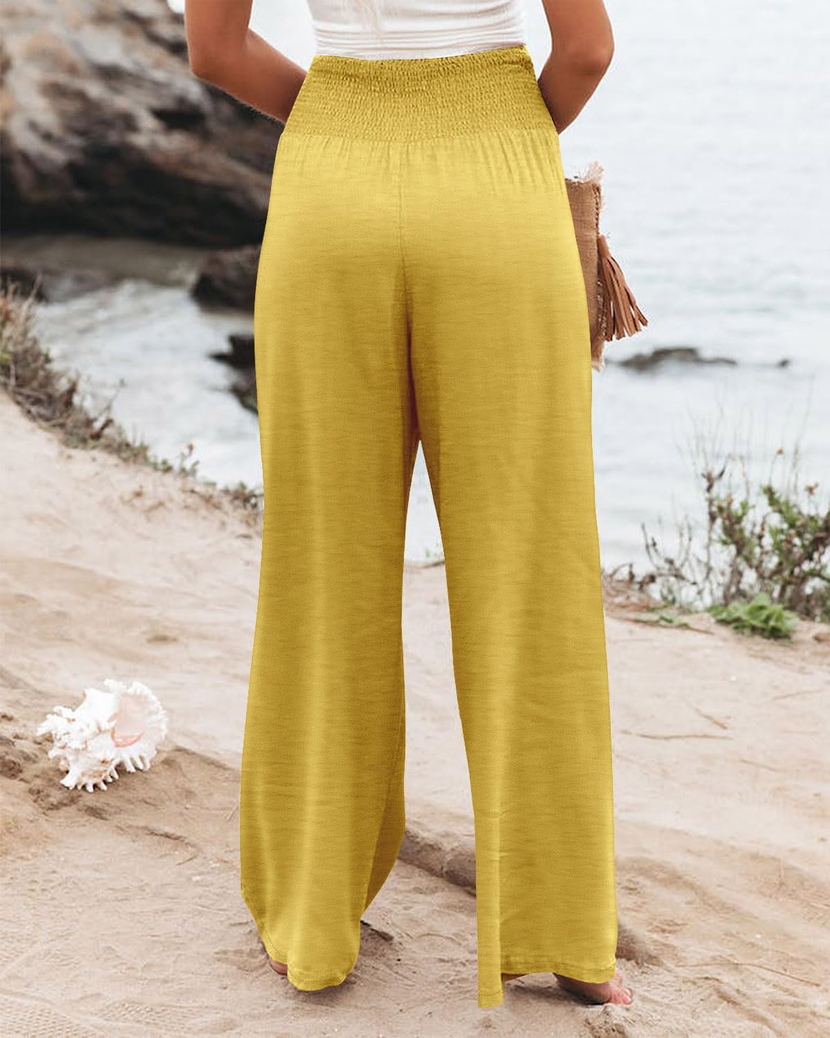 Angerella Womens Elastic High Waisted Palazzo Pants Casual Wide Leg Long Lounge Pant Trousers with Pocket