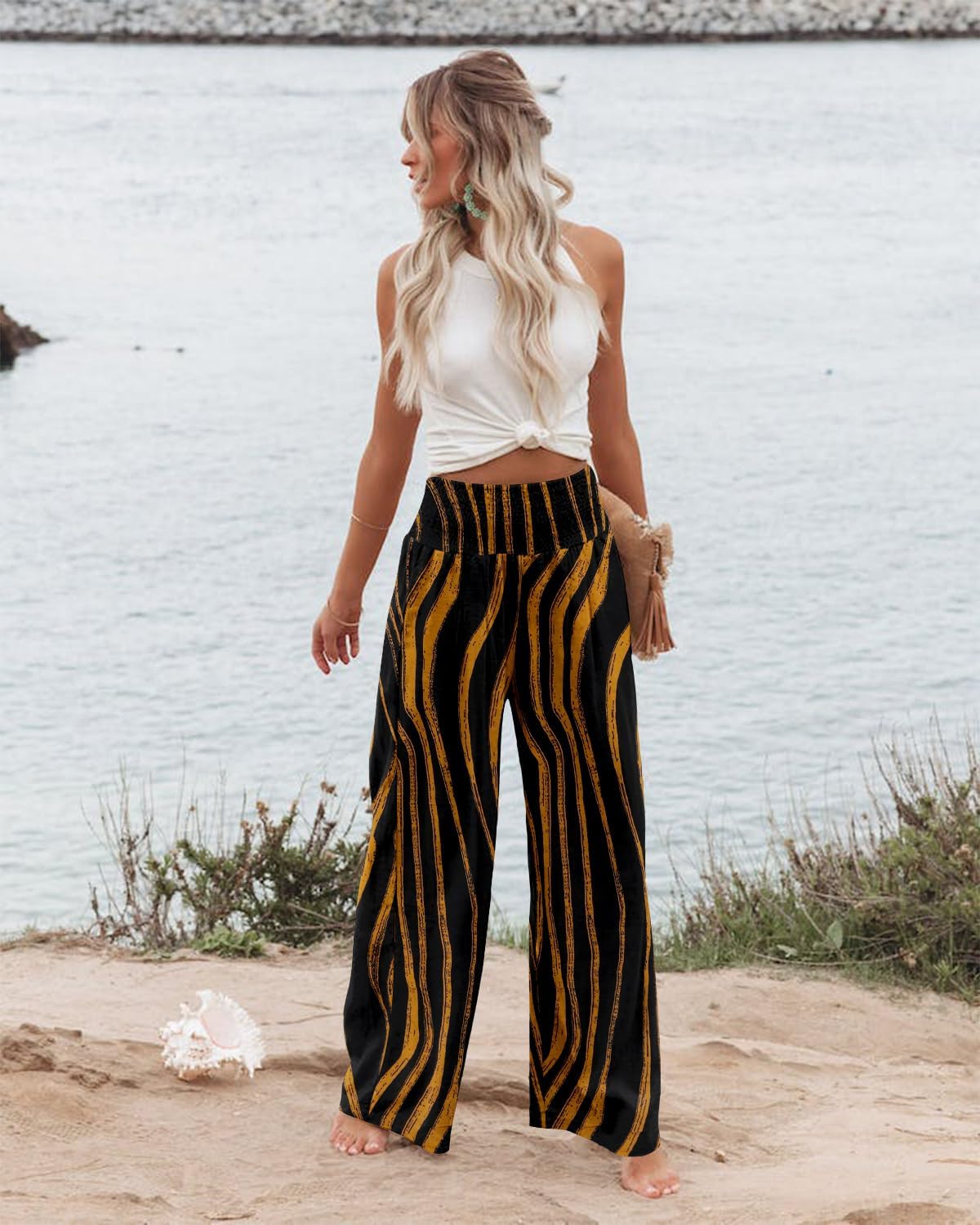 Angerella Womens Elastic High Waisted Palazzo Pants Casual Wide Leg Long Lounge Pant Trousers with Pocket