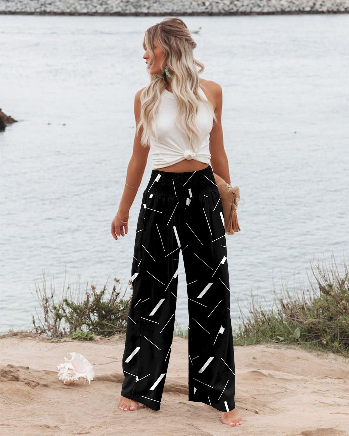 Angerella Womens Elastic High Waisted Palazzo Pants Casual Wide Leg Long Lounge Pant Trousers with Pocket