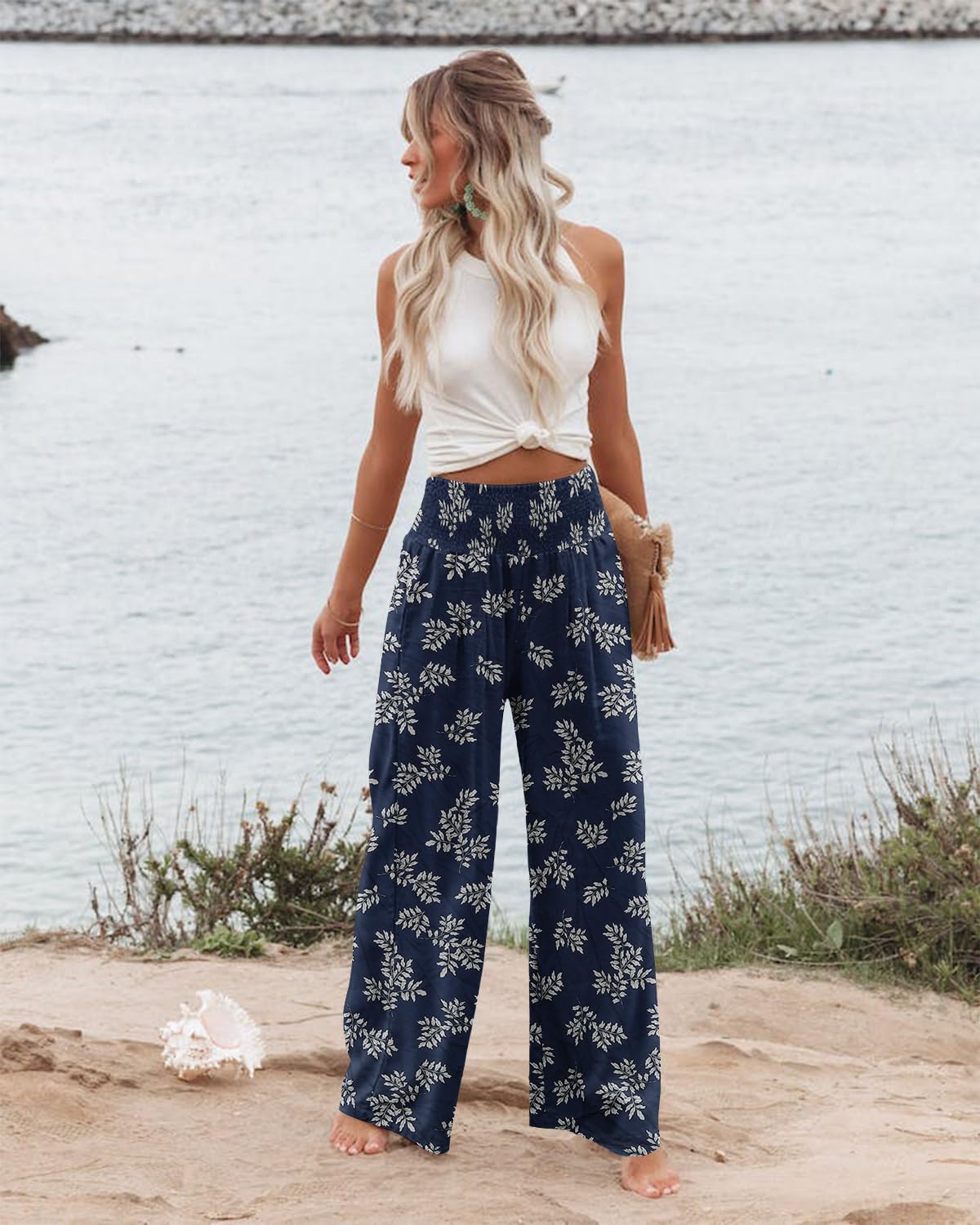 Angerella Womens Elastic High Waisted Palazzo Pants Casual Wide Leg Long Lounge Pant Trousers with Pocket