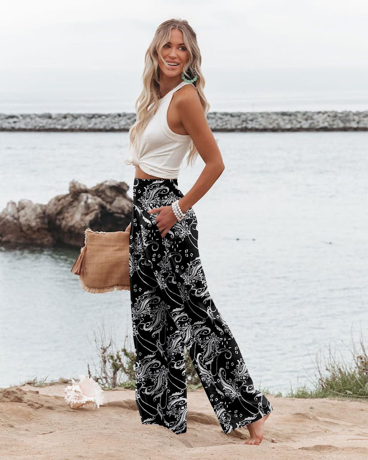 Angerella Womens Elastic High Waisted Palazzo Pants Casual Wide Leg Long Lounge Pant Trousers with Pocket