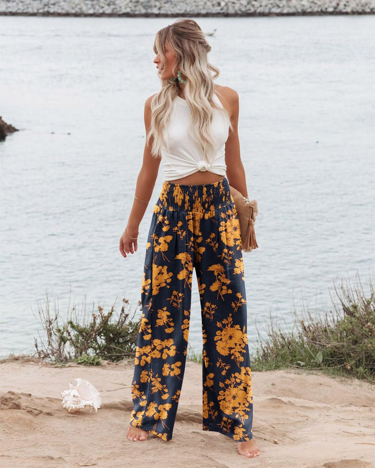 Angerella Womens Elastic High Waisted Palazzo Pants Casual Wide Leg Long Lounge Pant Trousers with Pocket