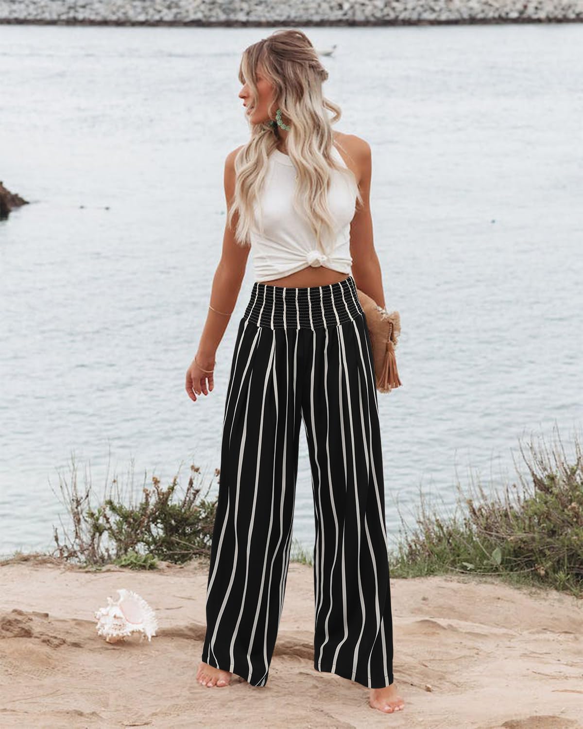 Angerella Womens Elastic High Waisted Palazzo Pants Casual Wide Leg Long Lounge Pant Trousers with Pocket