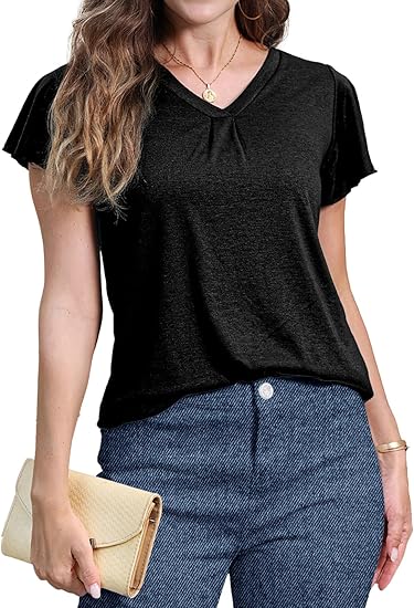 Women's V Neck Ruffle Sleeve Tunic Short Sleeve Blouse Flutter Sleeve Tops