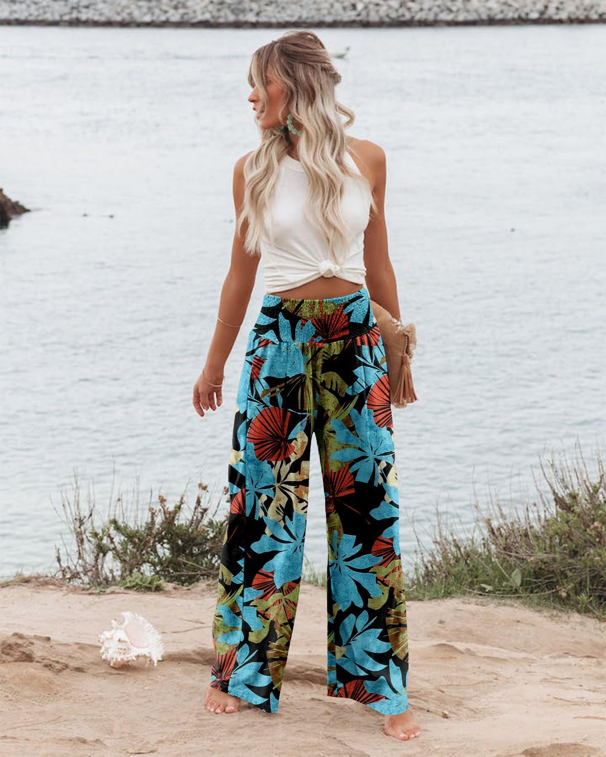 Angerella Womens Elastic High Waisted Palazzo Pants Casual Wide Leg Long Lounge Pant Trousers with Pocket