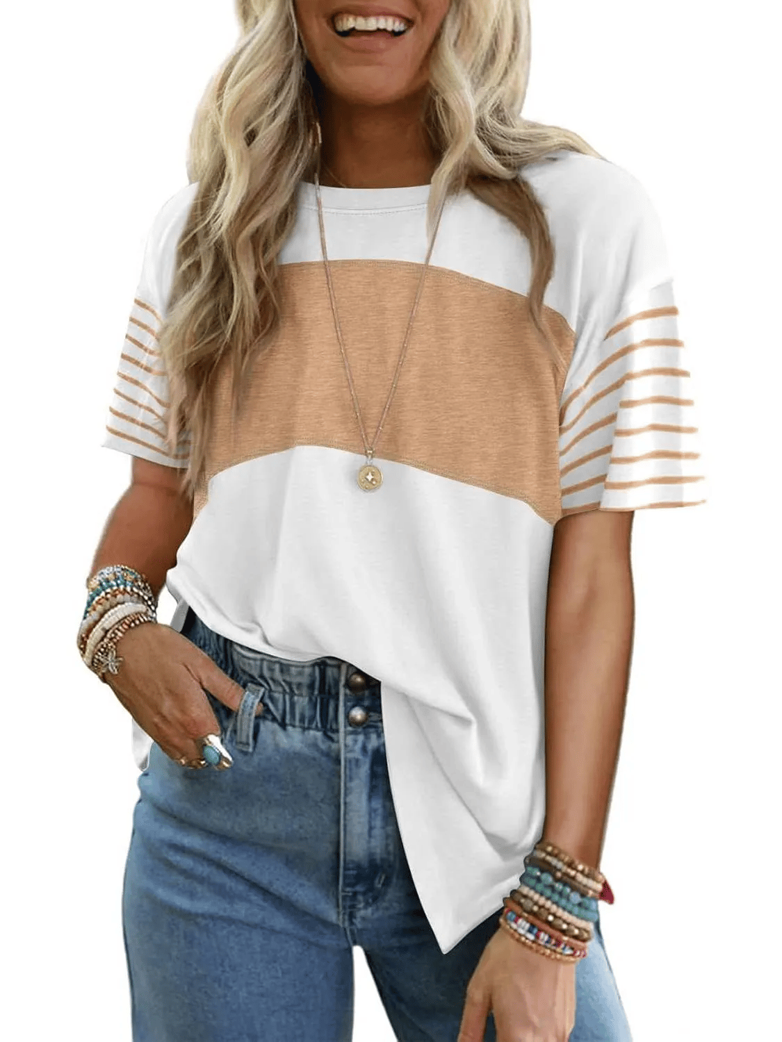 Womens Oversized Crewneck Casual Color Block Striped Shirts Blouses