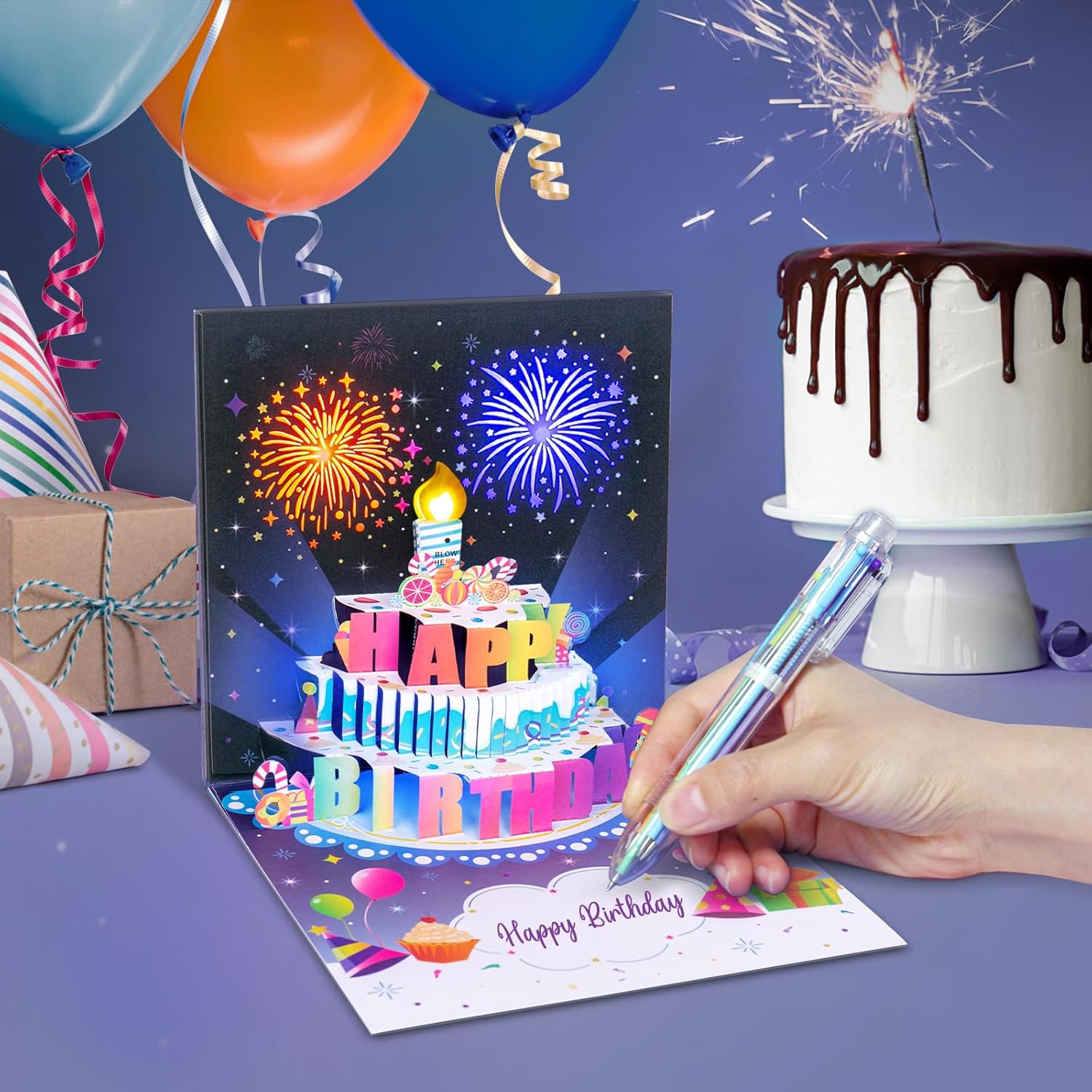 Birthday Cards With Fireworks & Pop Up Cake & Blowable Light and Music