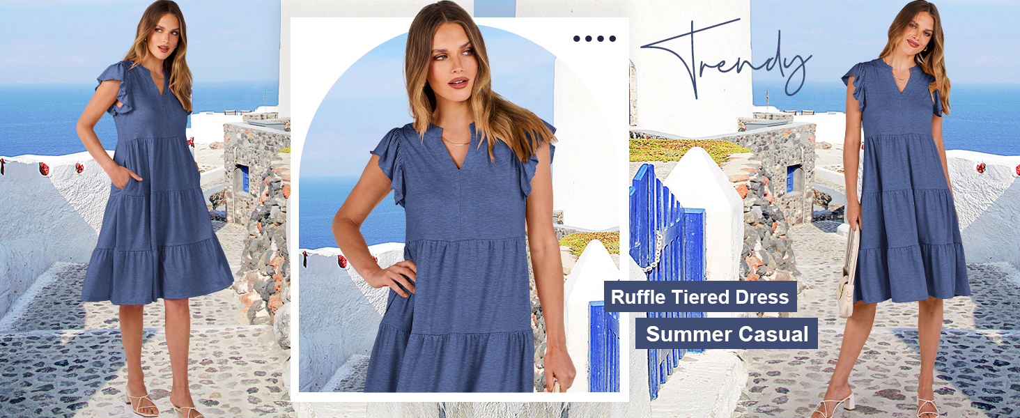 Womens Summer Dress Ruffle Sleeve V Neck Midi Dress Casual Flowy Tiered Boho Beach Vacation Sundress
