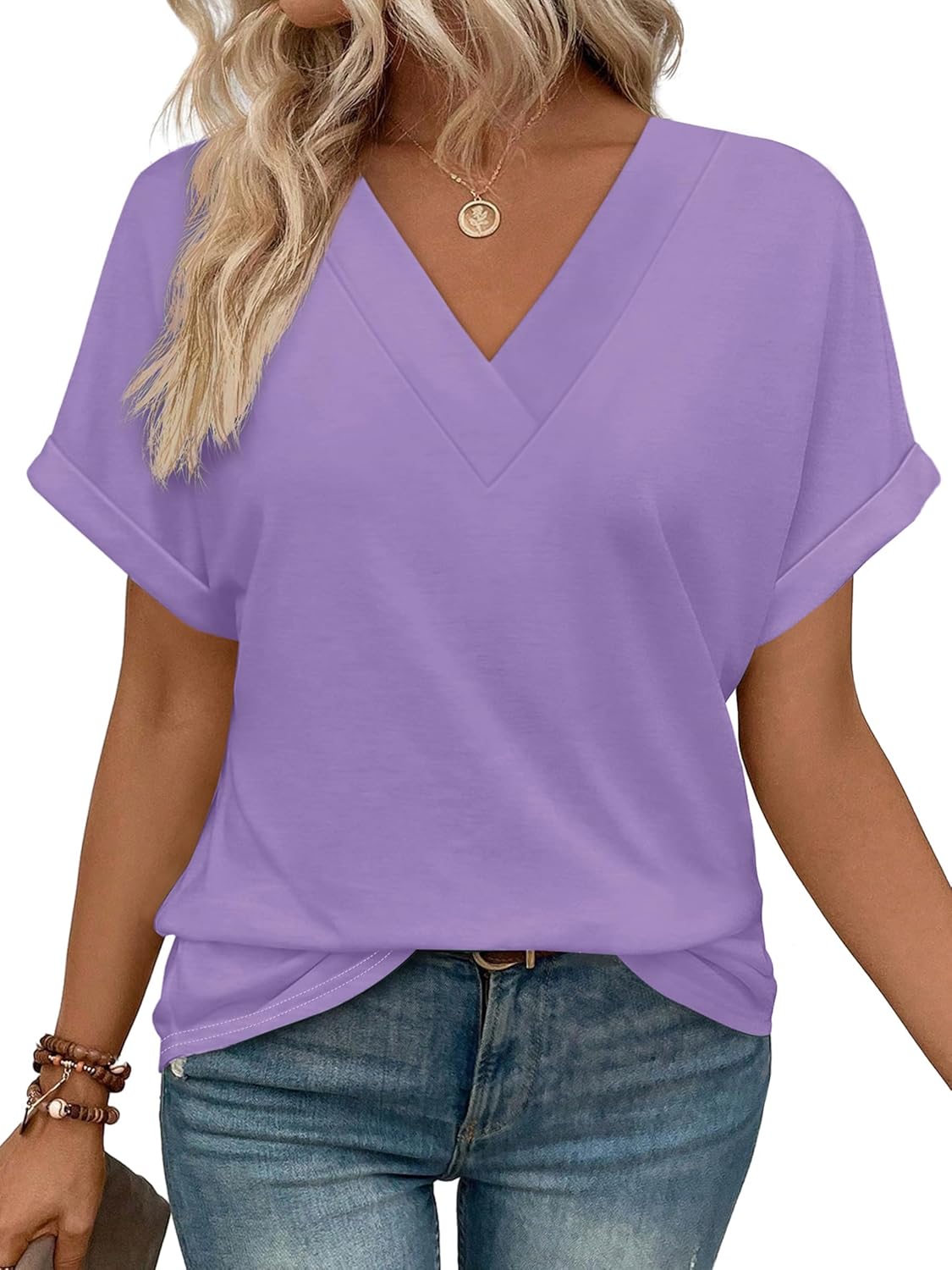 ✨Womens Summer V Neck Short Sleeve Solid Color Basic T Shirt(Buy 3 Free Shipping)