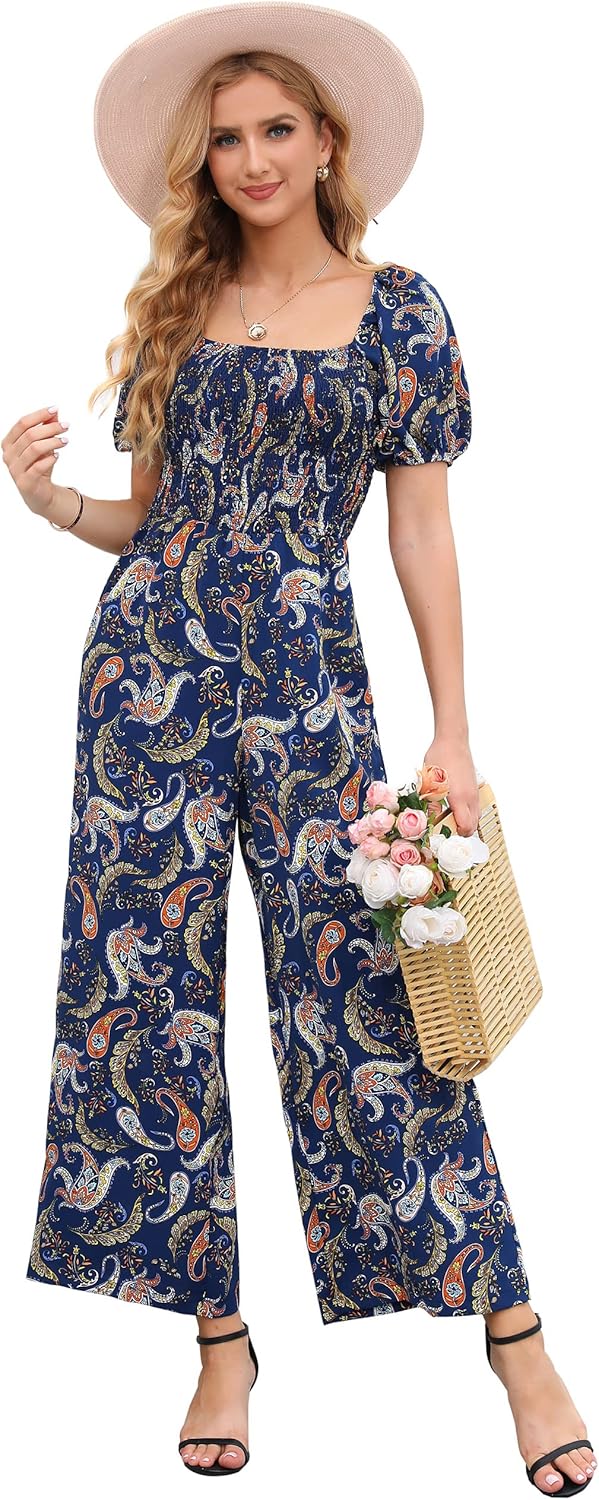 Love Welove Fashion Summer Jumpsuits for Women 2025 Floral Dressy Casual Loose Wide Leg Short Sleeve One Piece Romper Outfits