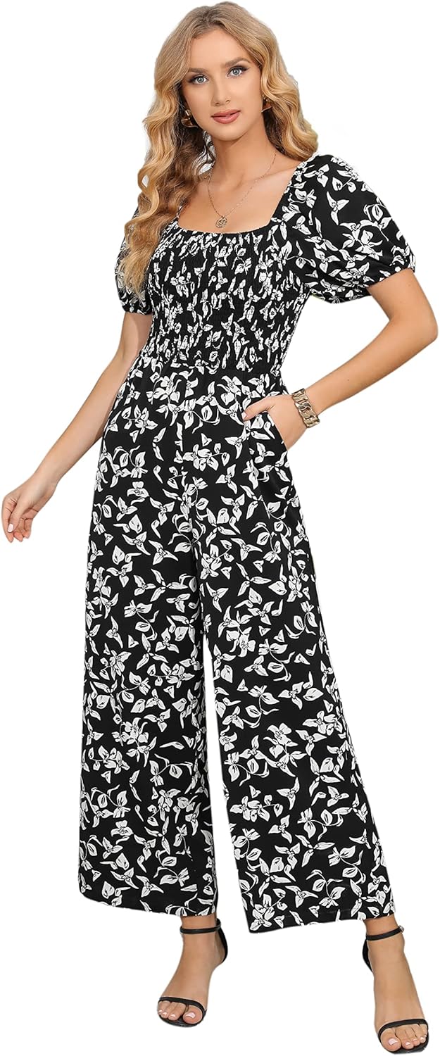 Love Welove Fashion Summer Jumpsuits for Women 2025 Floral Dressy Casual Loose Wide Leg Short Sleeve One Piece Romper Outfits