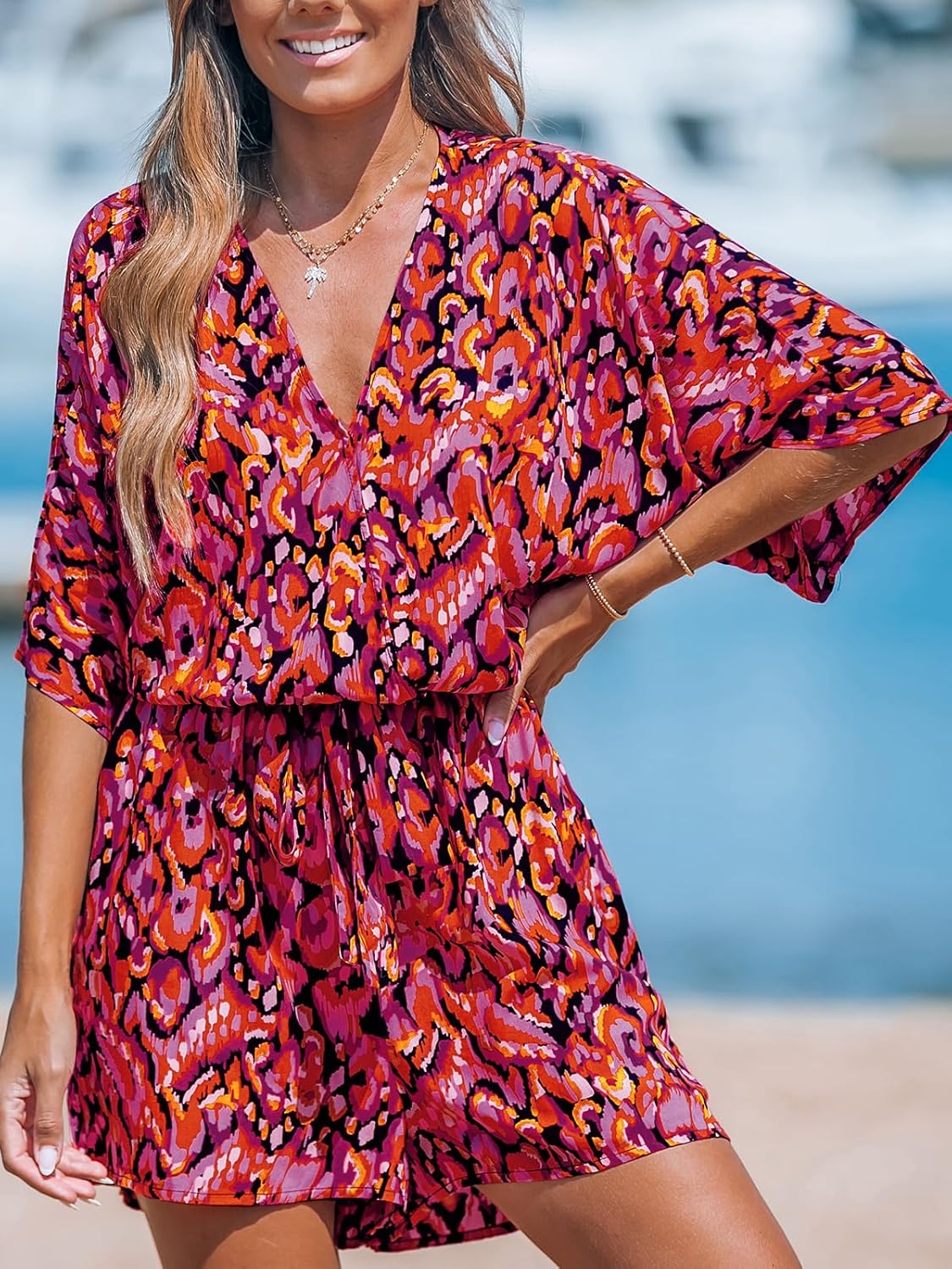 CUPSHE Women's Lace Up Leopard Print Romper Short Sleeves Jumpsuits Wide leg Outfit