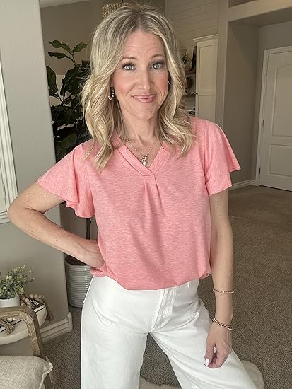 Women's V Neck Ruffle Sleeve Tunic Short Sleeve Blouse Flutter Sleeve Tops