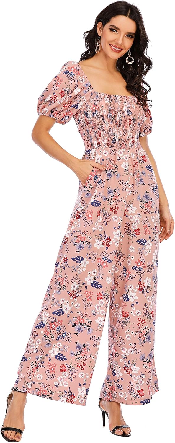 Love Welove Fashion Summer Jumpsuits for Women 2025 Floral Dressy Casual Loose Wide Leg Short Sleeve One Piece Romper Outfits