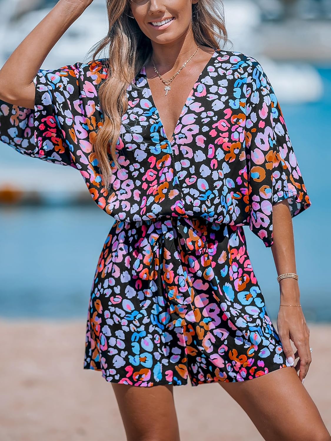 CUPSHE Women's Lace Up Leopard Print Romper Short Sleeves Jumpsuits Wide leg Outfit